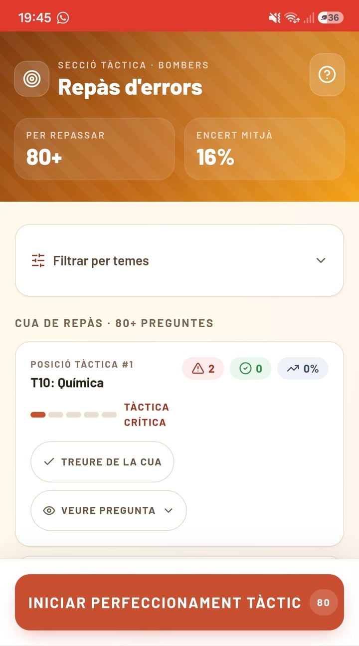 Pantalla de repàs d'errors amb la cua de 80 preguntes pendents, l'encert mitjà i el botó per començar el perfeccionament
