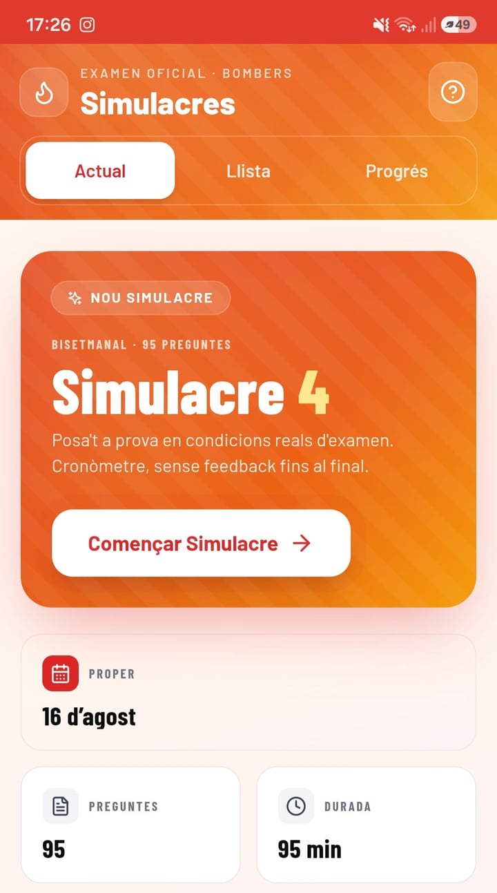Pantalla de simulacres de Matafocs amb el Simulacre 4 bisetmanal de 95 preguntes a punt de començar