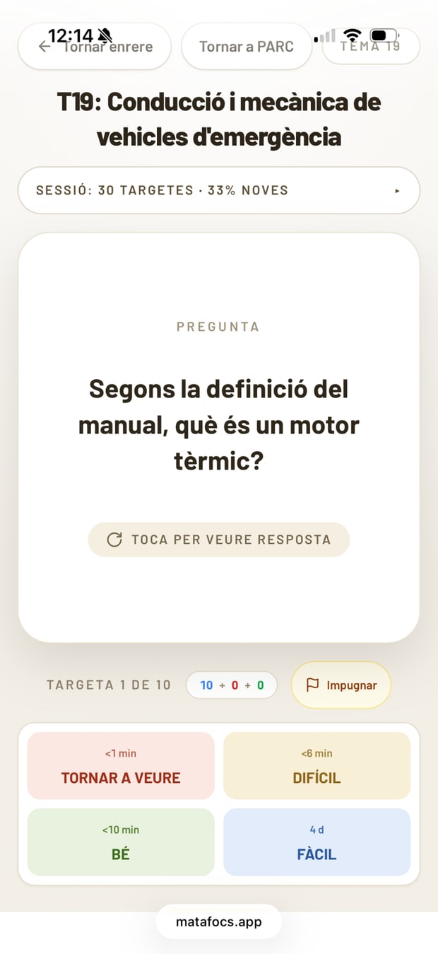 Sessió de targetes del tema 19 amb els botons de repetició espaiada: tornar a veure, difícil, bé i fàcil