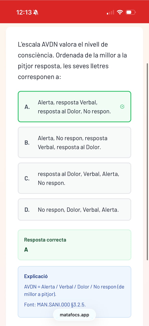 Pregunta de test corregida amb la resposta correcta marcada i l'explicació amb la font del manual